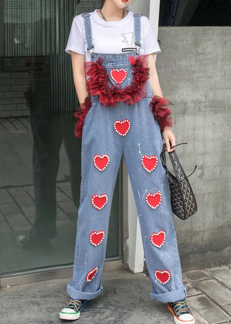 Blue Patchwork Spaghetti Strap Denim Jumpsuits Tulle Ruffled Heart Nail Bead Summer