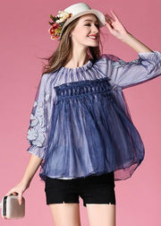 Blue Patchwork Tulle Shirt Embroidered Wrinkled Spring