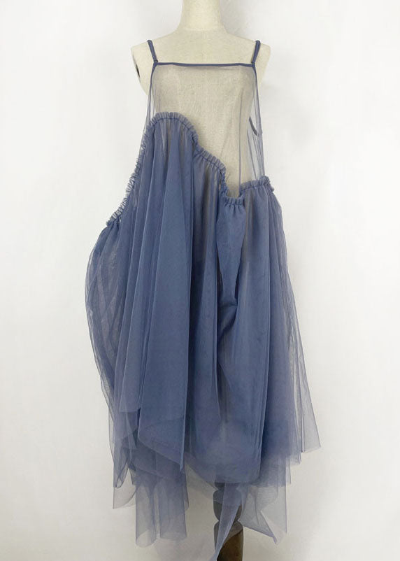 Blue Patchwork Tulle Spaghetti Strap Dress Long Smock Asymmetrical Exra Large Hem Summer