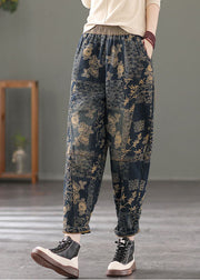 Blue Patchwork Warm Fleece Harem Pants Print Pockets Winter