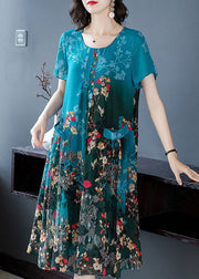 Blue Patchwork Wrinkled Chiffon Long Dress Short Sleeve