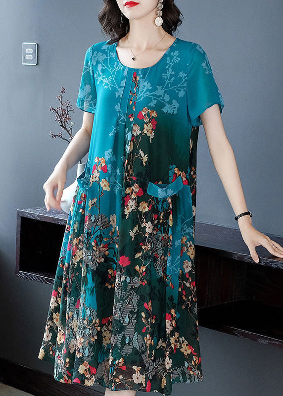 Blue Patchwork Wrinkled Chiffon Long Dress Short Sleeve