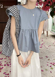 Blue Patchwork Wrinkled Cotton Shirt Tops O-Neck Bow Short Sleeve