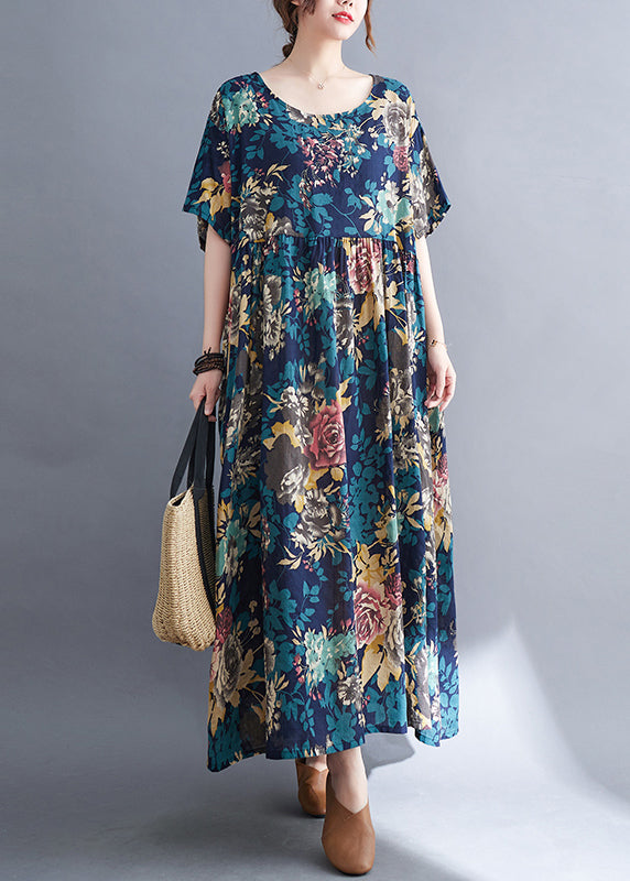 Blue Patchwork Wrinkled Holiday Maxi Dress Summer