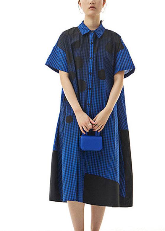 Blue Peter Pan Collar Button Cotton Maxi Shirt Dress Short Sleeve