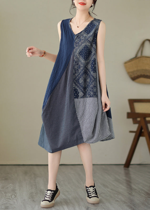 Blue Plaid Patchwork Cotton Vacation Dresses V Neck Summer