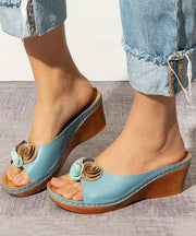 Blue Plus Size Floral Splicing Wedge Slide Sandals