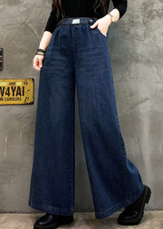 Blue Pockets Casual Denim Wide Leg Pants Elastic Waist Fall