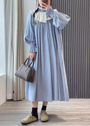 Blue Pockets Cotton Dress Peter Pan Collar Long Sleeve