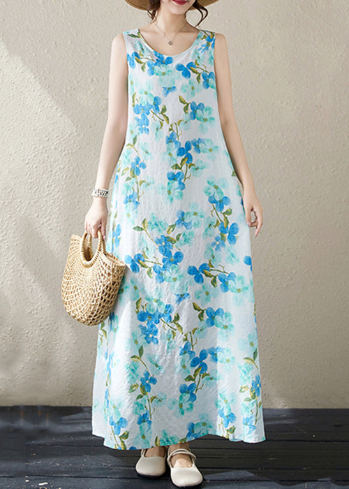 Blue Pockets Cotton Long Dresses O Neck Summer