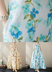 Blue Pockets Cotton Long Dresses O Neck Summer