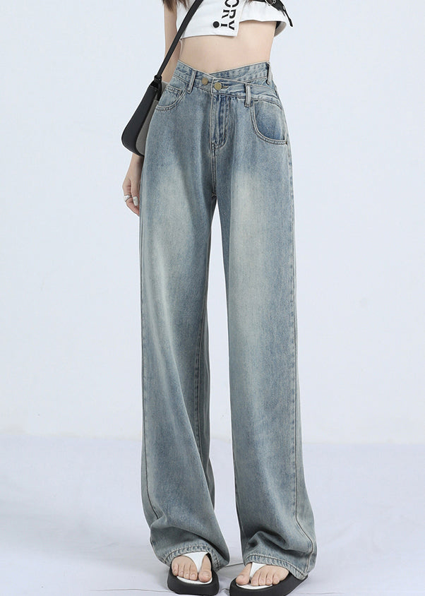 Blue Pockets Denim Straight Pants High Waist Spring