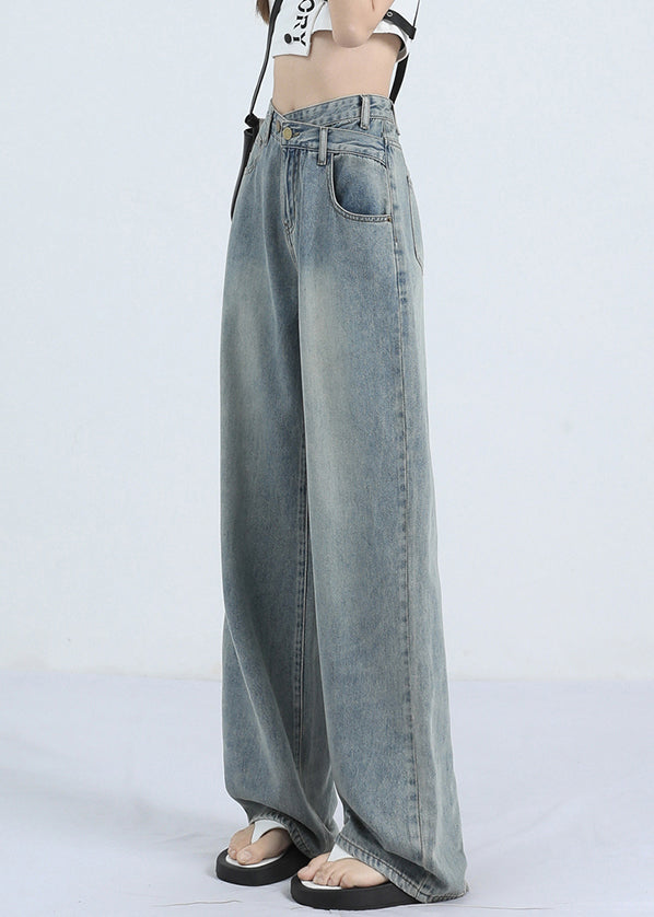 Blue Pockets Denim Straight Pants High Waist Spring