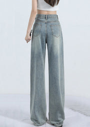 Blue Pockets Denim Straight Pants High Waist Spring