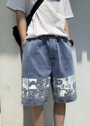 Blue Pockets Denim Summer Men Shorts Elastic Waist