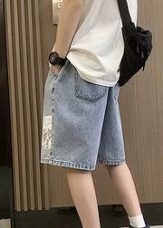 Blue Pockets Denim Summer Men Shorts Elastic Waist