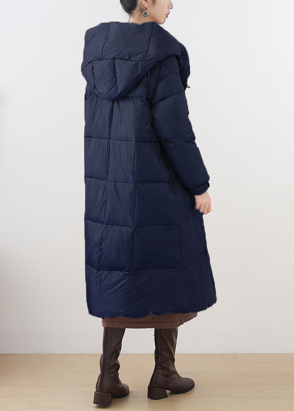 Blue Pockets Hooded Down Coat Long Sleeve