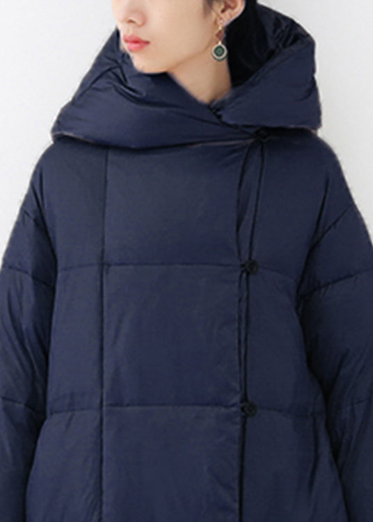 Blue Pockets Hooded Down Coat Long Sleeve