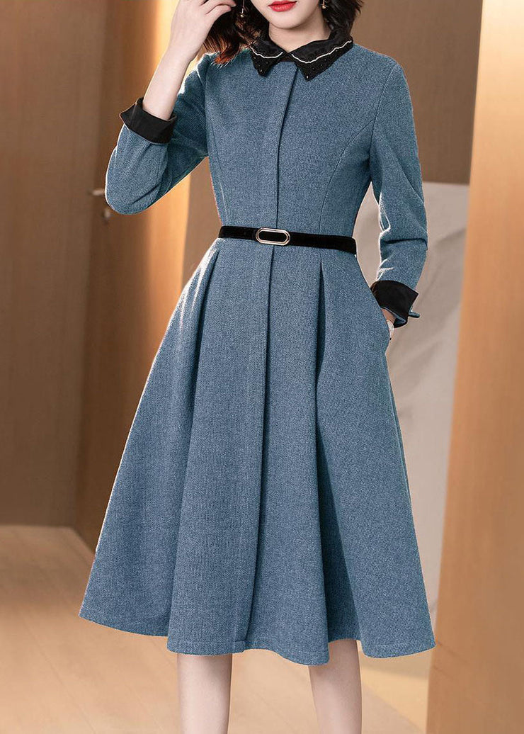 Blue Pockets Patchwork Cotton Dresses Peter Pan Collar Long Sleeve