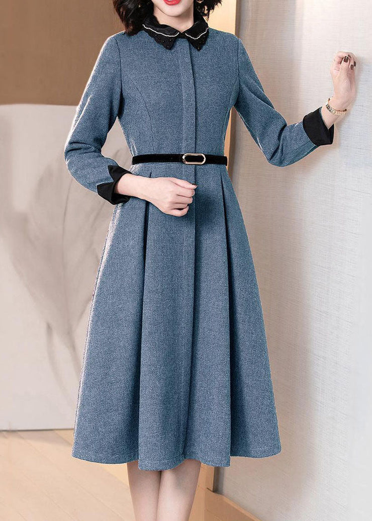 Blue Pockets Patchwork Cotton Dresses Peter Pan Collar Long Sleeve