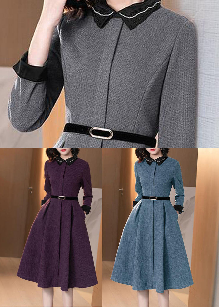 Blue Pockets Patchwork Cotton Dresses Peter Pan Collar Long Sleeve