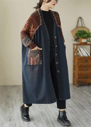 Blue Pockets Patchwork Denim Long Coats V Neck Fall