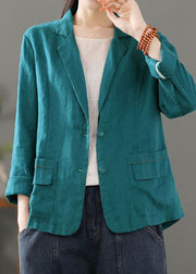 Blue Pockets Patchwork Linen Coats Notched Long Sleeve