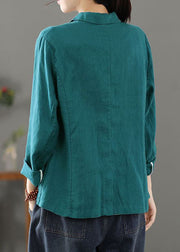 Blue Pockets Patchwork Linen Coats Notched Long Sleeve