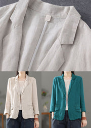 Blue Pockets Patchwork Linen Coats Notched Long Sleeve