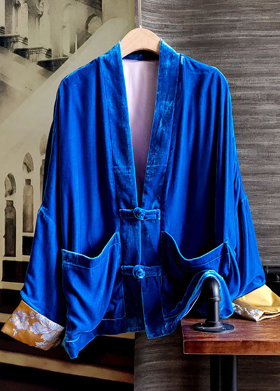 Blue Pockets Patchwork Silk Velour Coats V Neck Long Sleeve