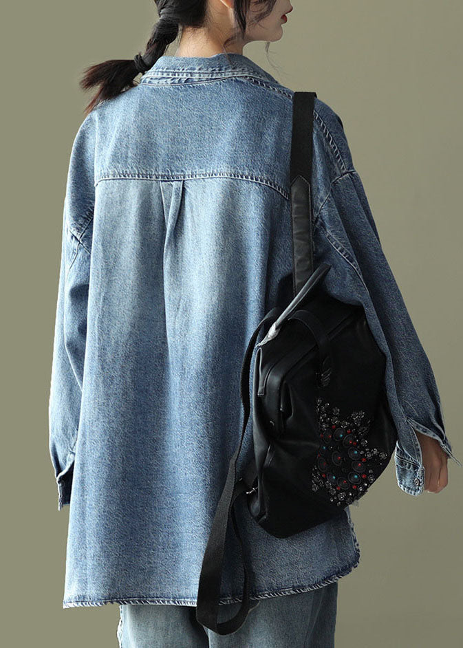 Blue Pockets Print Patchwork Denim Coats Peter Pan Collar Spring