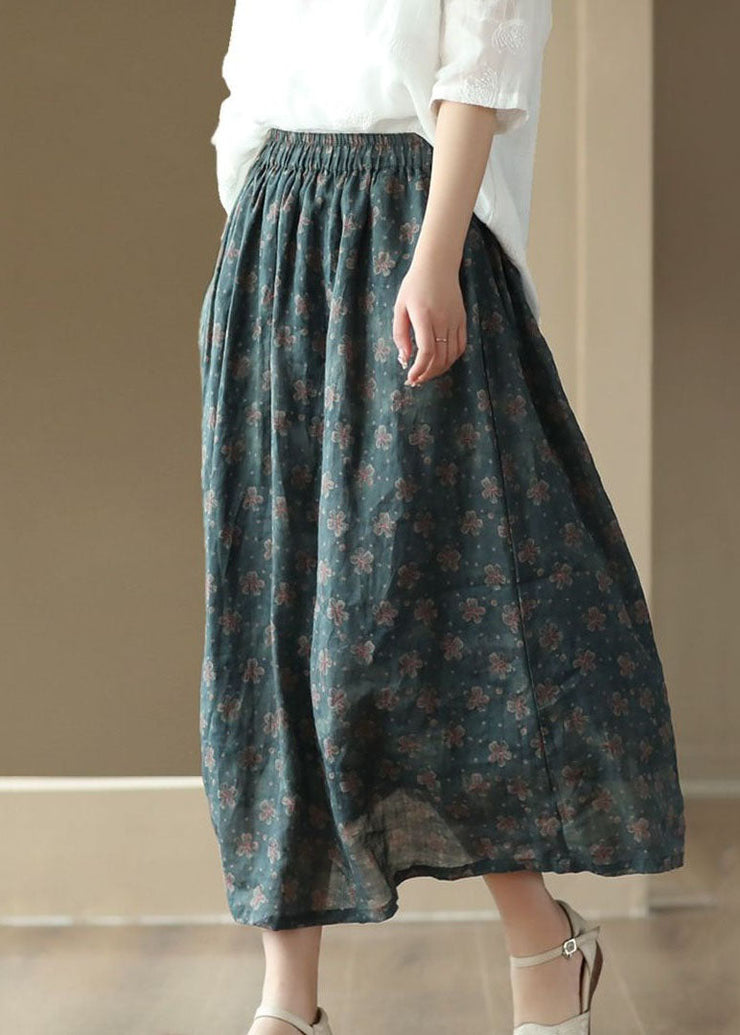 Blue Pockets Print Patchwork Linen Skirts Wrinkled Summer