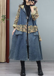 Blue Print Button Patchwork Denim Coat Asymmetrical Long Sleeve