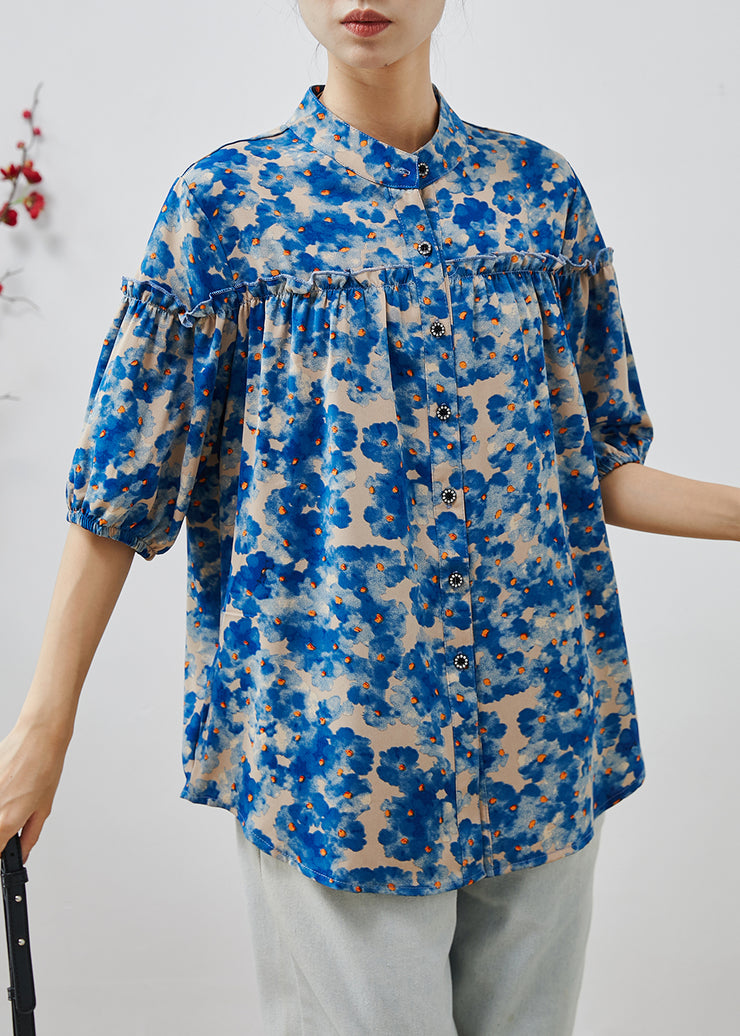 Blue Print Chiffon Blouse Top Ruffled Summer