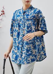 Blue Print Chiffon Blouse Top Ruffled Summer