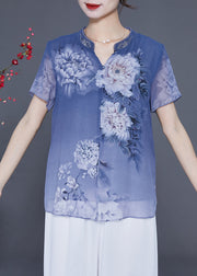 Blue Print Chiffon Blouse Tops V Neck Side Open Summer