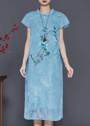 Blue Print Chiffon Cheongsam Dress Chinese Style Summer