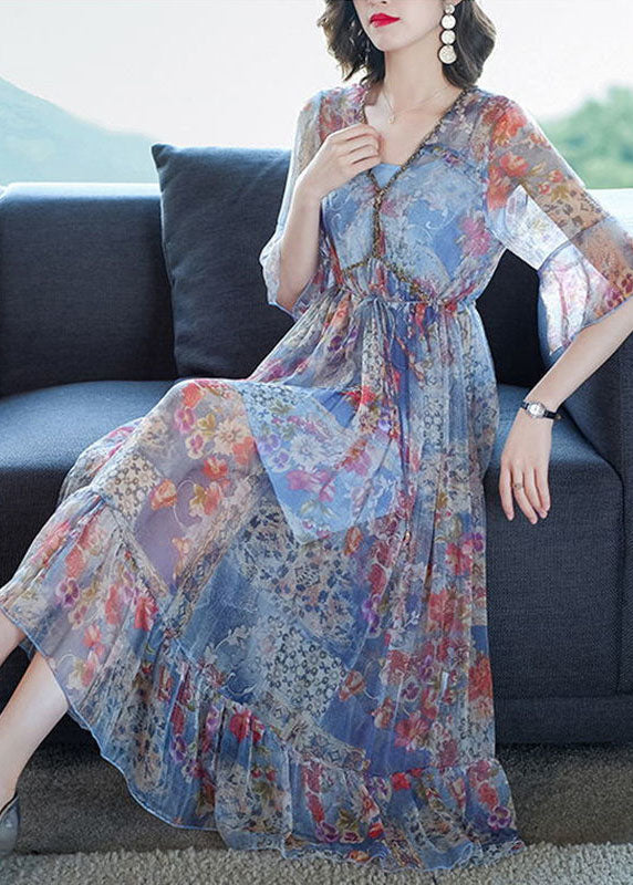 Blue Print Chiffon Vacation Dresses Cinched Exra Large Hem Summer