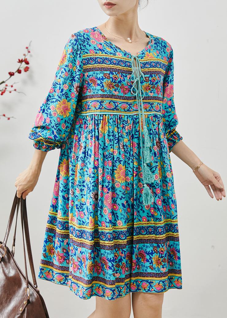 Blue Print Cotton Holiday Dress Tasseled Fall