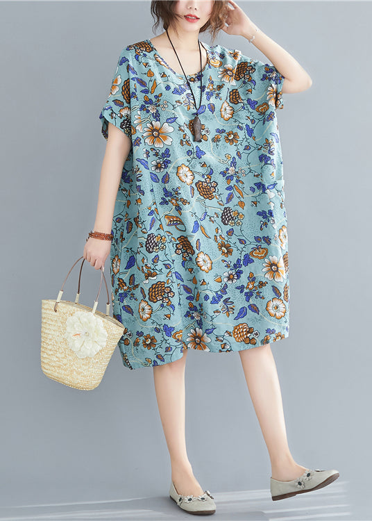 Blue Print Cotton Maxi Dresses Oversized Pockets Summer