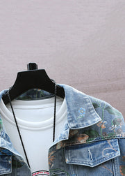 Blue Print Denim Men Coat Peter Pan Collar Fall