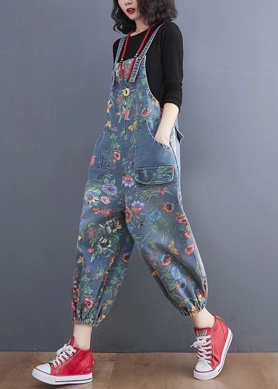 Blue Print Denim Spaghetti Strap Jumpsuits Pockets Spring