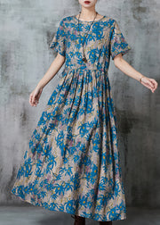 Blue Print Linen Vacation Dresses Cinched Summer