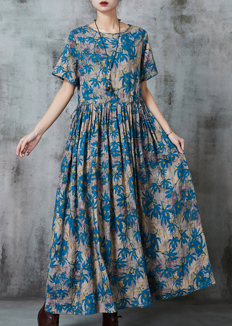 Blue Print Linen Vacation Dresses Cinched Summer