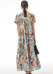 Blue Print Patchwork Chiffon Dress Stand Collar Wrinkled Summer