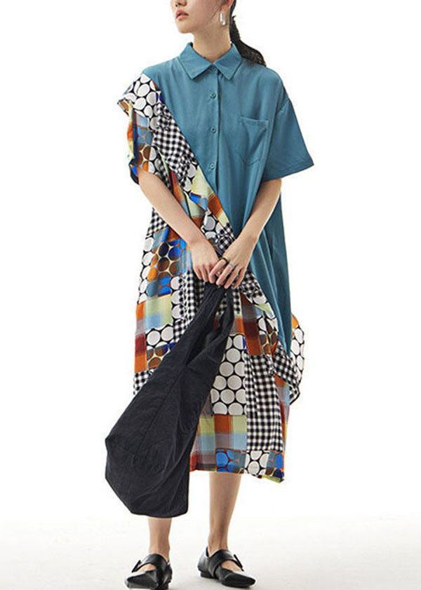 Blue Print Patchwork Chiffon Shirts Dress Ruffled Summer