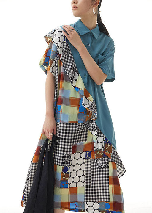 Blue Print Patchwork Chiffon Shirts Dress Ruffled Summer