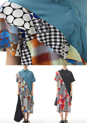 Blue Print Patchwork Chiffon Shirts Dress Ruffled Summer