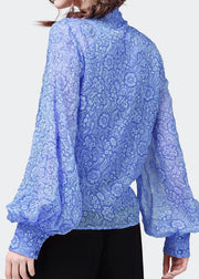 Blue Print Patchwork Chiffon Top Stand Collar Lantern Sleeve