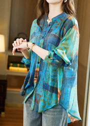 Blue Print Patchwork Cotton Shirt Stand Collar Zircon Long Sleeve